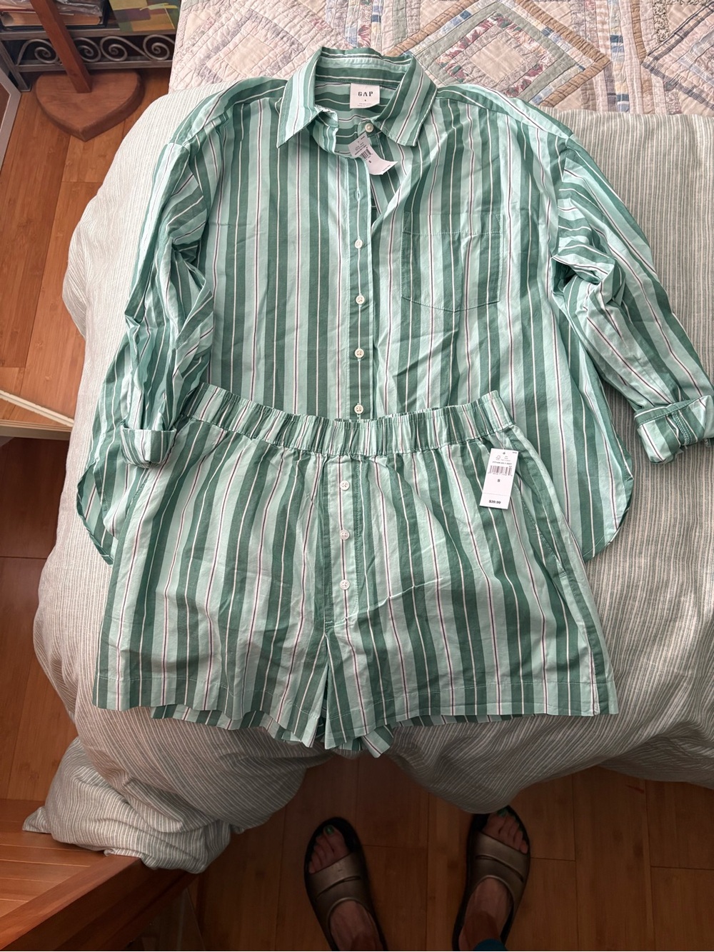 GAP Mint Green and White Striped Button long sleeve shirt and short set.